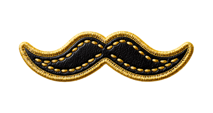 Black mustache patch with brown stitching on transparent background - Powered by Adobe