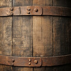 Close up of old wooden barrel with rusted metal hoops vintage style full frame shot aged texture