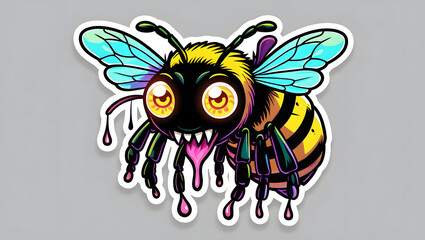 Obraz premium A creepy bee with eyes shining with mystical energy. The bee opens its mouth, showing its sharp teeth. Designed in cartoon sticker style.