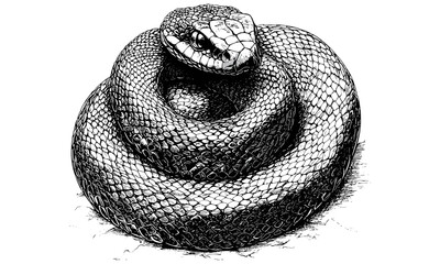 Vintage Rattlesnake Coiled Engraving, Hand-drawn Antique Serpent Sketch, Monochrome Wildlife Art, Rustic Desert Fauna Print, Retro Etching Style Drawing, old engraving style