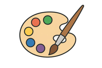 Artistic palette displaying six vivid paint colors and brush on transparent checkered surface, representing creative process