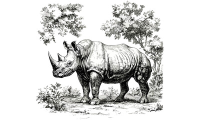 Vintage Rhinoceros Line Art, Hand-Drawn Etching in Forest, Retro Wildlife Sketch, Rustic Mammal Illustration, Black Monochrome Animal Drawing, old engraving style, jungle wildlife,