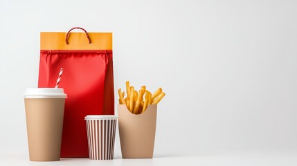 Crispy fries in paper bag with refreshing drink quick and tasty fast food meal © nuanjan