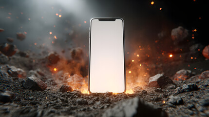 Smartphone Surviving Chaos: A sleek smartphone with a blank screen stands resilient amidst a fiery, chaotic landscape of scattered rocks and flames, conveying a sense of strength and durability. 