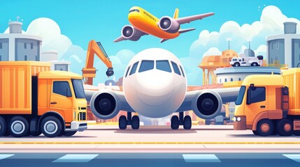 Cheerful cartoon airplane soaring over colorful transport hub busy city environment animated art style vibrant viewpoint adventure concept for kids