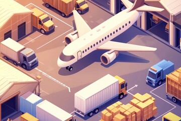Animated airplane hovering over busy transport hub urban setting digital artwork daylight overhead view concept of logistics and transport