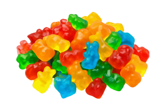 Jelly Bears Delight: A vibrant pile of colorful gummy bears in various shapes and sizes, inviting indulgence with their cheerful and appetizing appeal.