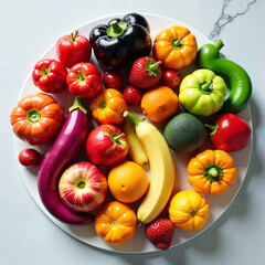 Fototapeta premium Colorful assortment of fresh fruits and vegetables on a white plate, vibrant and healthy