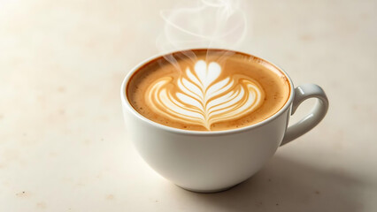 A steaming cup of coffee with swirling cream on a light background very nice image.