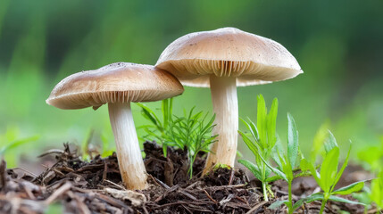 Mushrooms growing natural environment, showcasing their delicate structure and earthy tones, evoke sense of tranquility