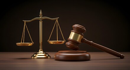 Gavel and Scales of Justice on Wooden Table Still Life