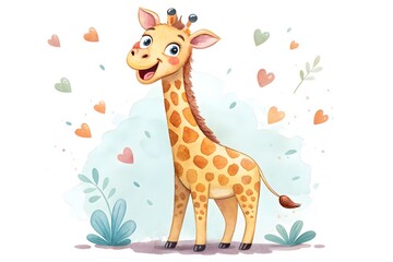 Obraz premium Adorable Cartoon Giraffe Illustration Watercolor Style Cute Animal Kids Design