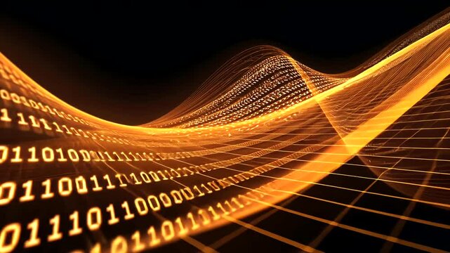 Digital Landscape Golden binary code and lines form a 3D wave against a black background