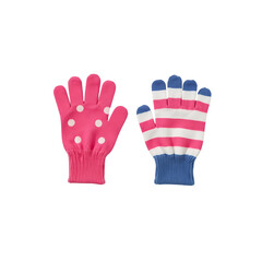 Children’s gloves set: one pink with white dots and one striped pink, white, and blue.