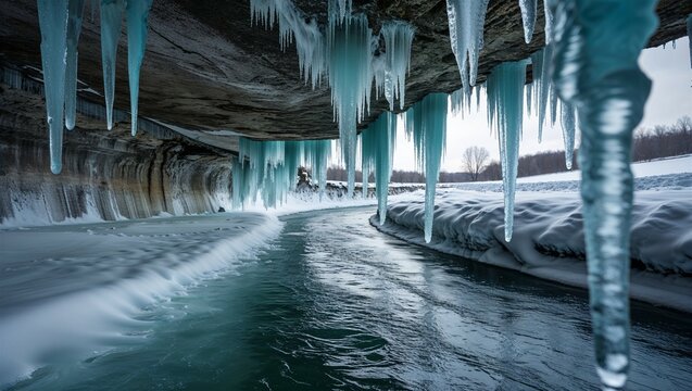 Cold river winds around sharp bend beneath overhang dripping with ice
