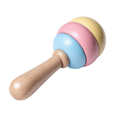 Colorful wooden rattle designed for infants, featuring pastel colors and smooth handle