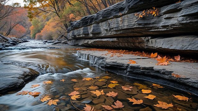 Creek winds beside rock ledge where leaves gather in eddies of meltwater

