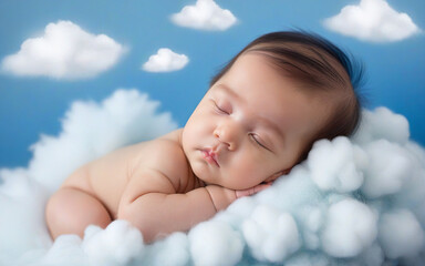 sleeping little child on clouds and blue background close up
