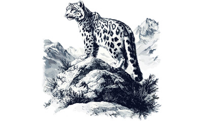 Black and white snow leopard engraving, vintage wild cat illustration, mountain wildlife art, monochrome etching style, trendy nature decor, outdoor animal artwork