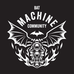 Vintage illustration of a motorcycle engine with bat wings