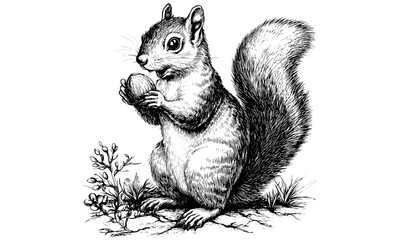 Monochrome forest fauna line art, vintage squirrel engraving, rustic wildlife illustration, hand-drawn nature print, black sketch animal art, old engraving style, trendy woodland animal decor © Vintage studio