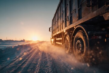 Truck driving on snowy road at sunset