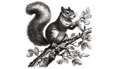 Squirrel in tree vintage engraving, monochrome hand-drawn mammal etching, nature and forest illustration, old engraving style, trendy woodland decor art, black sketch