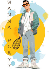 A guy in the style of the 90s with a racket in his hand