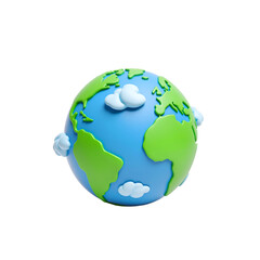 Naklejka premium Simplified 3D earth globe with blue oceans, green continents, and cartoon white clouds.