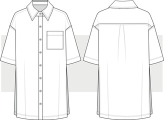 Women's basic midi shirt dress fashion technical drawing, flat sketch, illustration. Summer beach dress, vector. Front and back view, Cad, Mockup.