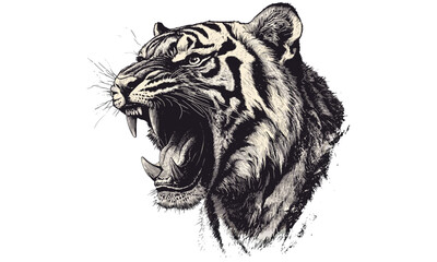 Vintage tiger roaring hand-drawn engraving, monochrome wild cat line art, detailed nature illustration, rustic animal print, retro wildlife etching, classic fauna sketch