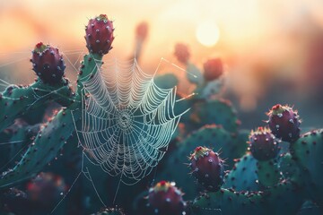 A dewy spiderweb delicately hangs on a prickly pear cactus at sunrise.