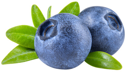 Obraz premium Blueberry isolated png. Blueberry with leaves on white or transparent background. Perfect retouched two blueberries with leaf no background. Png blueberry. Full depth of field.