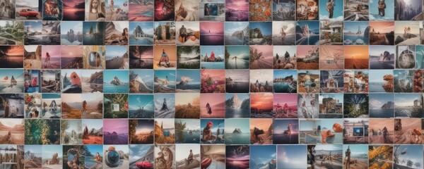 Fototapeta premium Vibrant photo collage grid, diverse shapes & sizes , squares, vibrant, geometric shapes
