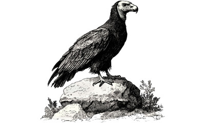 Antique hand-drawn vulture engraving on rock, vintage bird of prey illustration, rustic wildlife sketch, retro black etching style, ornithology art, natural history wildlife print, trendy decor