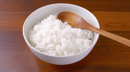 Fresh organic rice in bowl with wooden spoon, perfect for healthy meal. Enjoy simplicity and warmth of this dish