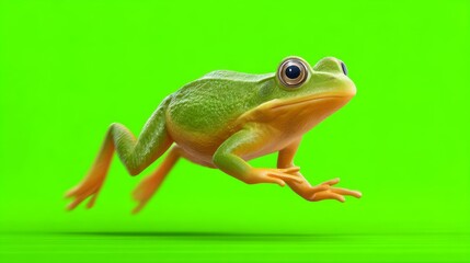 Vibrant Green Cartoon Frog Mid Hop Against Bright Green Background