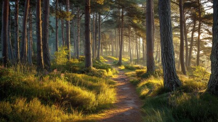 Obraz premium A stunning image of sunlit forest path winding through tall pine trees with green undergrowth bathed in warm golden light creating a peaceful and inviting atmosphere.