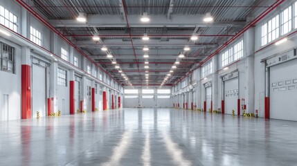 A stunning image of spacious empty industrial warehouse interior with high ceiling, bright white and red ceiling lights, polished concrete floor, and loading dock doors along walls.