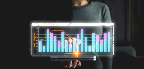 A person interacts with a futuristic holographic bar chart displaying data analytics and statistics.