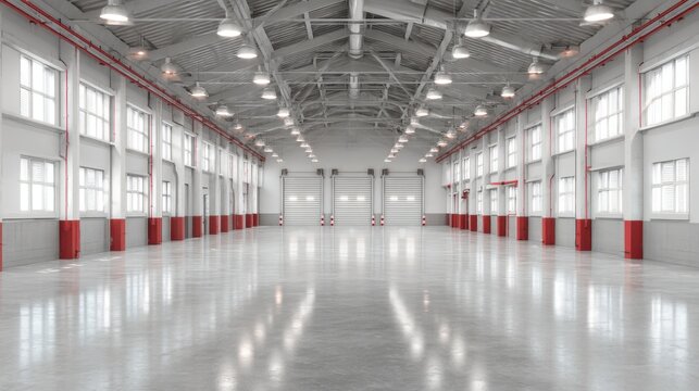 A stunning image of stunning image of spacious empty industrial warehouse interior with high ceiling, bright white and red ceiling lights, polished concrete floor, and loading.