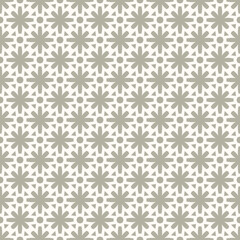 Simple seamless pattern in ethnic folk style. Vector floral geometric ornament. Background in soft pastel colours. Elegant texture with grid, flower silhouettes, tiles. Repeated geo design for decor