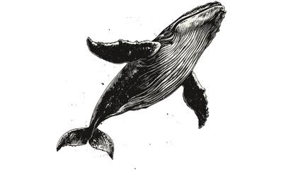 Hand-drawn vintage whale breaching engraving, monochrome marine mammal sketch, ocean wildlife illustration, coastal art print, trendy nautical black sketch, classic sea life decor © Vintage studio