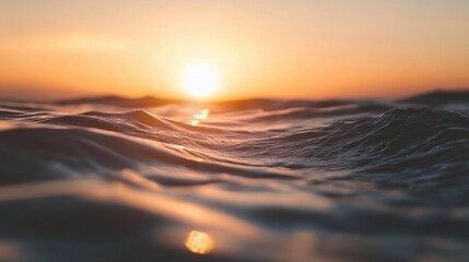 Golden Hour Ocean Waves at Sunset Eye Level Low Angle Shot Calm Sea Surface Ripples Sunlight Reflection Nature Scenery