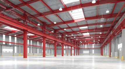 A stunning image of interior view of a spacious industrial warehouse with red steel beams and bright overhead lighting.