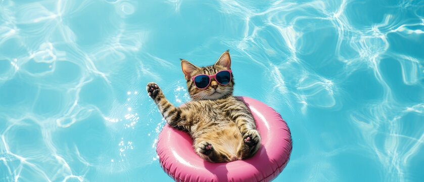 Relaxed tabby cat wearing sunglasses floating on pink inflatable ring in a bright blue swimming pool