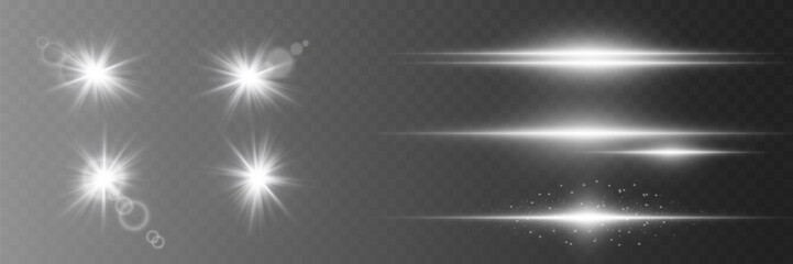 Set of white lines and stars on a transparent background. Vector illustration.