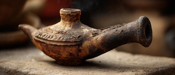 A rustic, aged oil lamp rests on a rough surface, the patina and carvings evoking a sense of history and untold stories through time.