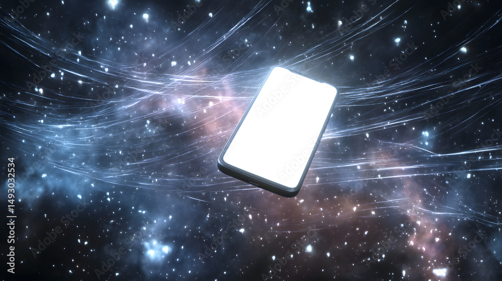 Poster smartphone in space: a futuristic image of a smartphone with a blank screen floating in a cosmic spa