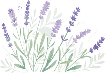 Naklejka premium Beautiful lavender flowers in soft purple hues with delicate green leaves.
